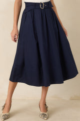 Worth Mentioning Navy Belted Cotton Midi Skirt