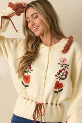 Harvest Bloom Ivory Floral Embroidered Button Up Cardigan Sweater