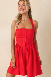Turning Heads Red Button Down Halter Mini Dress
