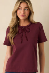 Tied To Charm Burgundy Cotton Beaded Bow Short Sleeve Top