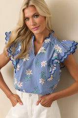 Sidewalk Cafè Blue Floral Cotton Flutter Sleeve Top