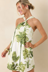 Catching Waves Ivory & Green Tropical Print Tie-Back Halter Mini Dress