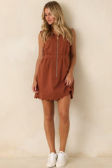 Zip Through the Day Rust Zip Front Scalloped Hem Mini Dress