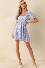 MINKPINK Blue Floral Print Evelyn Puff Sleeve Mini Dress
