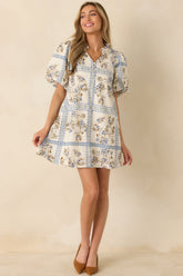 Garden Lattice Ivory Multi Cotton Floral Tile Print Mini Dress