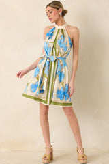 A Moment Like This Blue Multi Floral Cotton Halter Mini Dress
