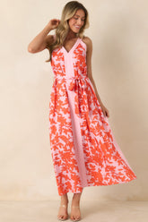 Living For It Orange & Light Pink Floral V-Neck Tie Belt Dress