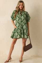 Heirloom Grace Green Damask Print Cotton Mini Dress