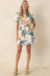 Paradise Plans Ivory Multi Tropical Print Puff Sleeve Mini Dress