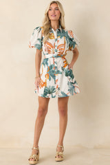 Paradise Plans Ivory Multi Tropical Print Puff Sleeve Mini Dress
