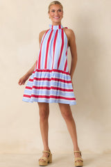 Made for Fireworks Red & Light Blue Stripe Cotton Halter Tiered Mini Dress