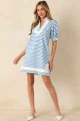 Easy Days Only Light Blue Stripe Puff Sleeve V-Neck Mini Dress