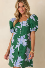 If You Ask Me Hunter Green & Blue Floral Cotton Puff Sleeve Mini Dress