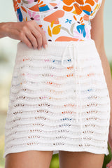 Under The Golden Sun White Open Knit Cover Up Mini Skirt