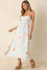 Blooming in Watercolor Mint Green Floral Tie Strap Midi Dress