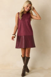 Chic Contrast Wine Red Faux Suede & Leather Sleeveless Shift Dress