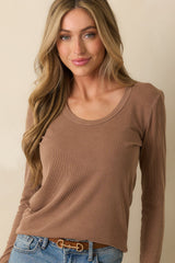 There When You Need It Mocha Brown Ribbed Long Sleeve Tee
