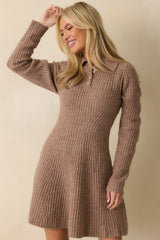 Feels Like Now Mocha Brown Ribbed Knit Sweater Mini Dress