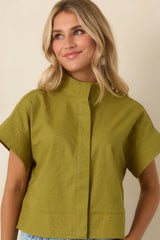 Pretty In Power Olive Green Cotton Linen Button-Front Mock Neck Top