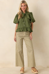 Signature Style Moss Green Tie Neck Peplum Blouse