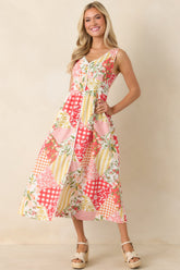 Sweet on Sunshine Red Multi Patchwork Print Midi Dress
