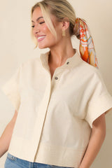 Pretty In Power Natural Cotton Linen Button-Front Mock Neck Top