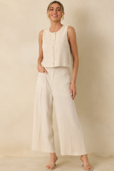 The Right Balance Natural Linen-Blend Sleeveless Button Up Top