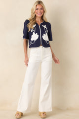 Midnight Magnolia Navy Floral Appliqué Puff Sleeve Top