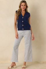 Where Shell We Meet Navy Blue Knit & Gold Shell Button Up Sweater Vest