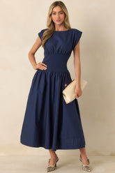 All My Devotion Navy Blue Cotton Boatneck Midi Dress