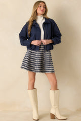 Smooth Finish Navy Blue Zip Up Bomber Jacket
