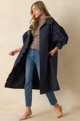 All In Good Fun Navy Scallop Trim Puff Sleeve Button Front Coat