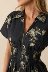 Always Welcome Navy Multi Floral Print Cotton Smocked Waist Midi Dress