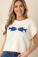 Reel Cute Ivory Multi Knit Short Sleeve Fish Sweater