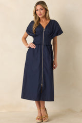 Let It Be Easy Navy Smocked Waist Zip Maxi Dress