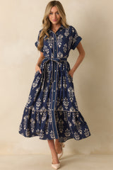 Keep Moving Forward Navy Multi Floral Print Belted Maxi Shirt Dress