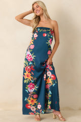 Moonlit Tropics Navy Multi Floral Strapless Maxi Dress