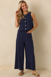 The Right Balance Navy Linen-Blend Sleeveless Button Up Top