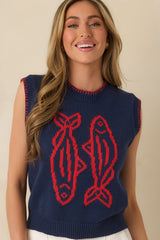 Hooked On You Navy Knit Contrast Stitch Sweater Vest