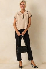 Let's Call It Even Oatmeal Beige Contrast Trim Knit Short Sleeve Polo Top