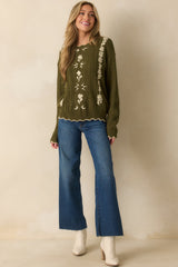Guess Again Olive Cable Knit Floral Embroidered Scallop Hem Sweater
