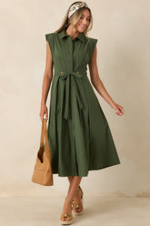 A Better Plan Olive Green Cotton Poplin Belted Midi Dress