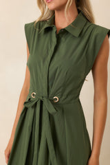 A Better Plan Olive Green Cotton Poplin Belted Midi Dress