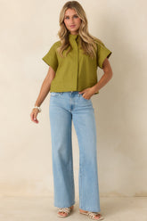 Pretty In Power Olive Green Cotton Linen Button-Front Mock Neck Top