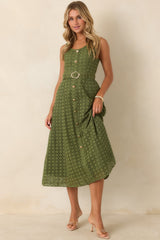 Garden Society Olive Green Cotton Eyelet Sleeveless Midi Dress