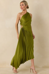 Poetic Charm Olive Green Asymmetric One Shoulder Maxi Dress