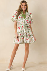 Taking A Chance Olive Green Floral Print Cotton Puff Sleeve Mini Dress