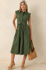 A Better Plan Olive Green Cotton Poplin Belted Midi Dress
