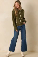 Guess Again Olive Cable Knit Floral Embroidered Scallop Hem Sweater
