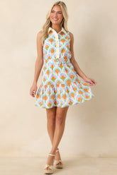 Weekend in Palm Springs Orange & Light Blue Floral Mini Dress